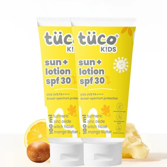 Tuco® Kids 2 в 1 Солнцезащитный крем + Лосьон для тела с SPF 30 | Куркума, Солодка, Масло манго | UVA/UVB PA++++ | Возраст 2-5, 5-10, 10-15 | 100 мл (Упаковка из 2 шт.)