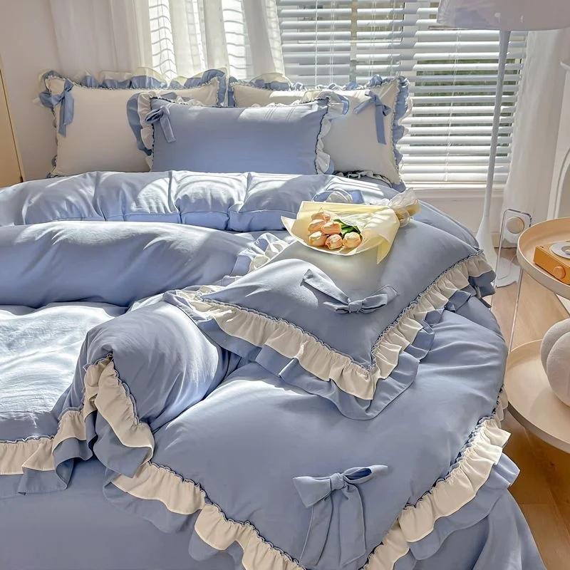 Spring Green Princess Bedding Set Double Layer Lace Bow Quilt Cover Sheet And Pillowcase Simple Pastoral Girl Home Textiles