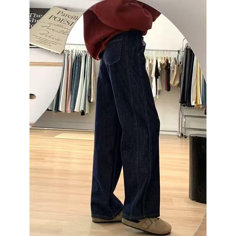 Ретро Джинсы Плюс Сайз Темно-синие Широкие для Женщин - Осень/Зима Драпированные Брюки-швабры