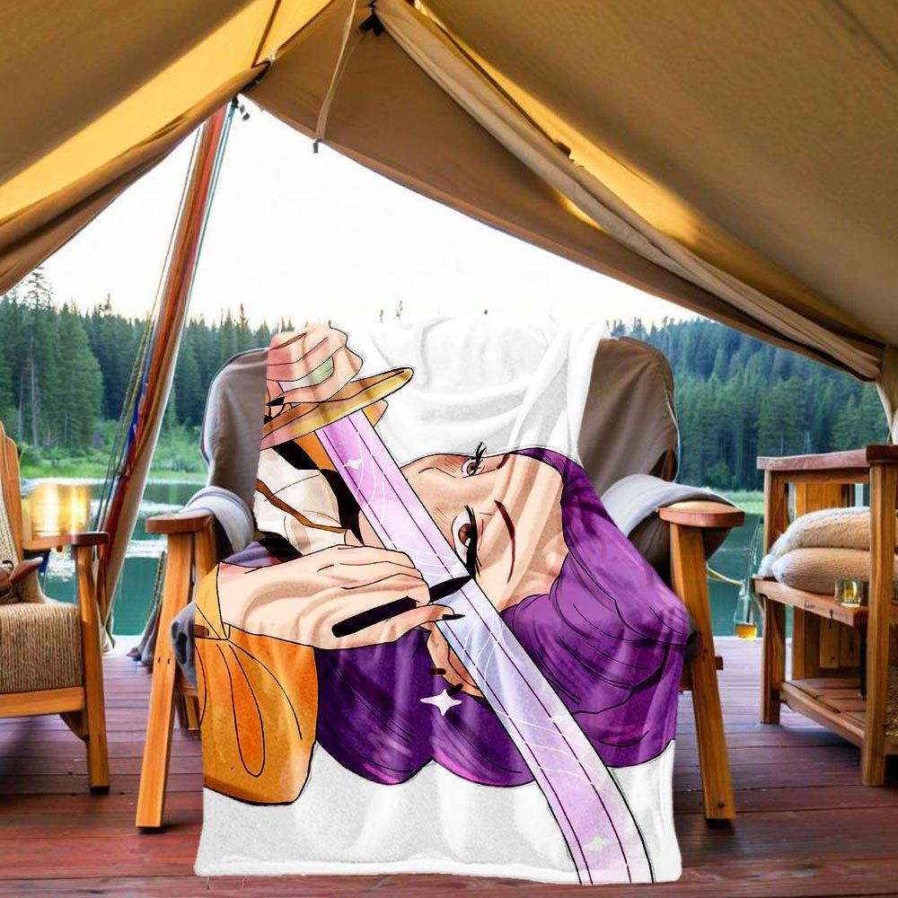 "Magical Sword Art Print: Purple Hair Warrior with Sparkling Blade"Blanket Lightweight Flannel Throw Blanket for Sofa, Bed, Travel, Camping,