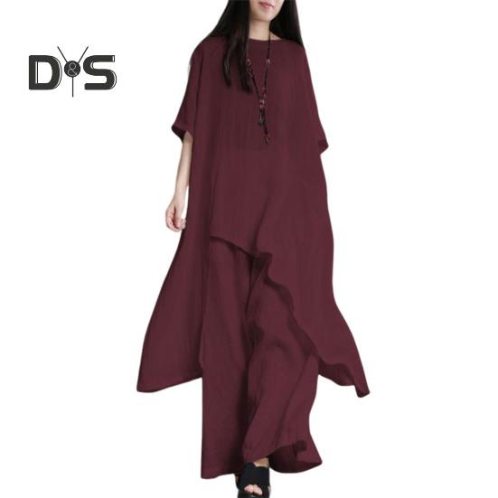 2Pcs/Set Cotton Linen Tops Pants Set O-neck Half Sleeve Irregular Hem Tops High Waist Long Pants Set Solid Color Casual Outfit