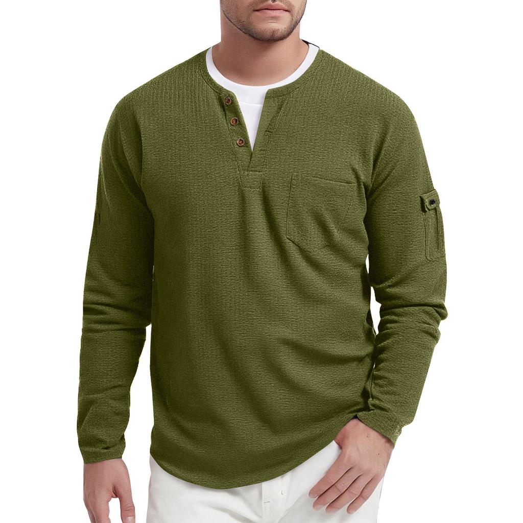 Men's Spring Solid Color Fake Two-Piece Double-Layer V-Neck Pocket Long Sleeve Top