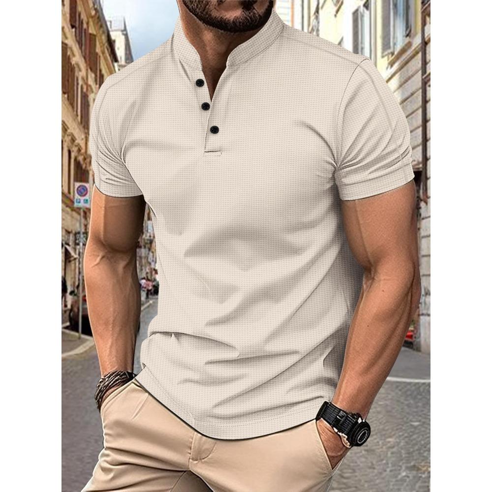 Men's short-sleeved polo shirt with a stand-up collar and waffle henley neckline
