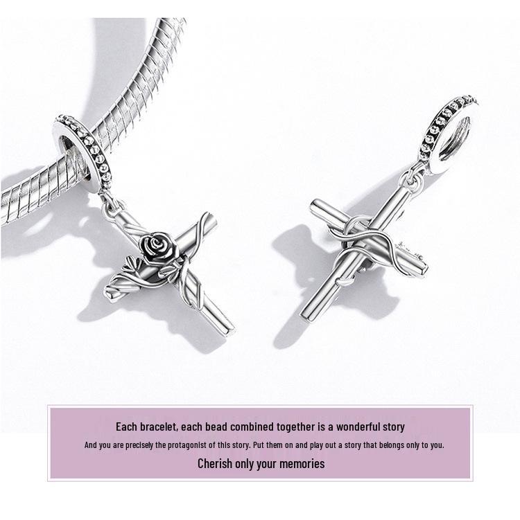 S925 Sterling Silver Rose Cross Pendant Bracelet with European & American Style Flower Beads