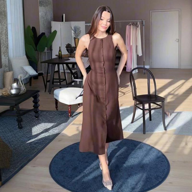 Элегантное длинное платье без рукавов, женское, облегающее, однотонное, с О-образным вырезом, однобортное, А-силуэтное, платья, лето 2025, новые женские модные платья