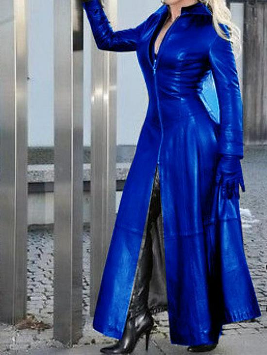 Women's European and American Style PU Leather Lapel Zipper Jacket - Solid Color, Long Length.