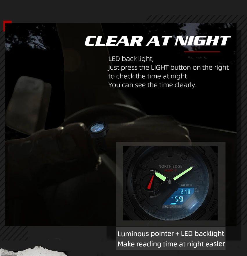 NORTH EDGE Mars 3 Men's Military Watch Digital Carbon Fiber Case For Man Waterproof 50M Sports Watches World Time LED Wristwatch