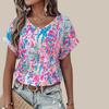 Women's V-neck Short Sleeved Willow Oil Painting Printed Top Loose T-shirt Casual Shirt