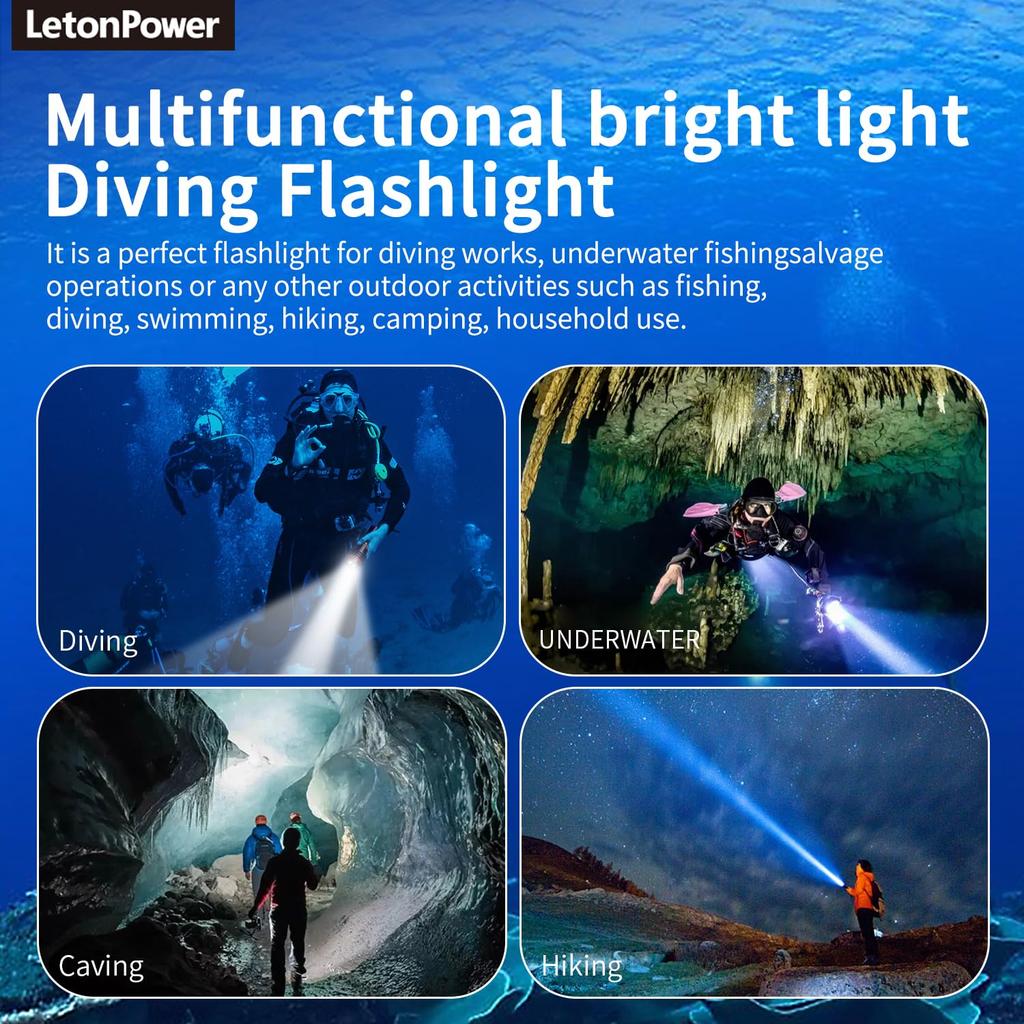 Diving LetonPower 2000 Lumens Underwater 100m Diving Charging Diving Underwater Spotlight Long Shot Diving Light Light, Light, Light, Type-C Light,