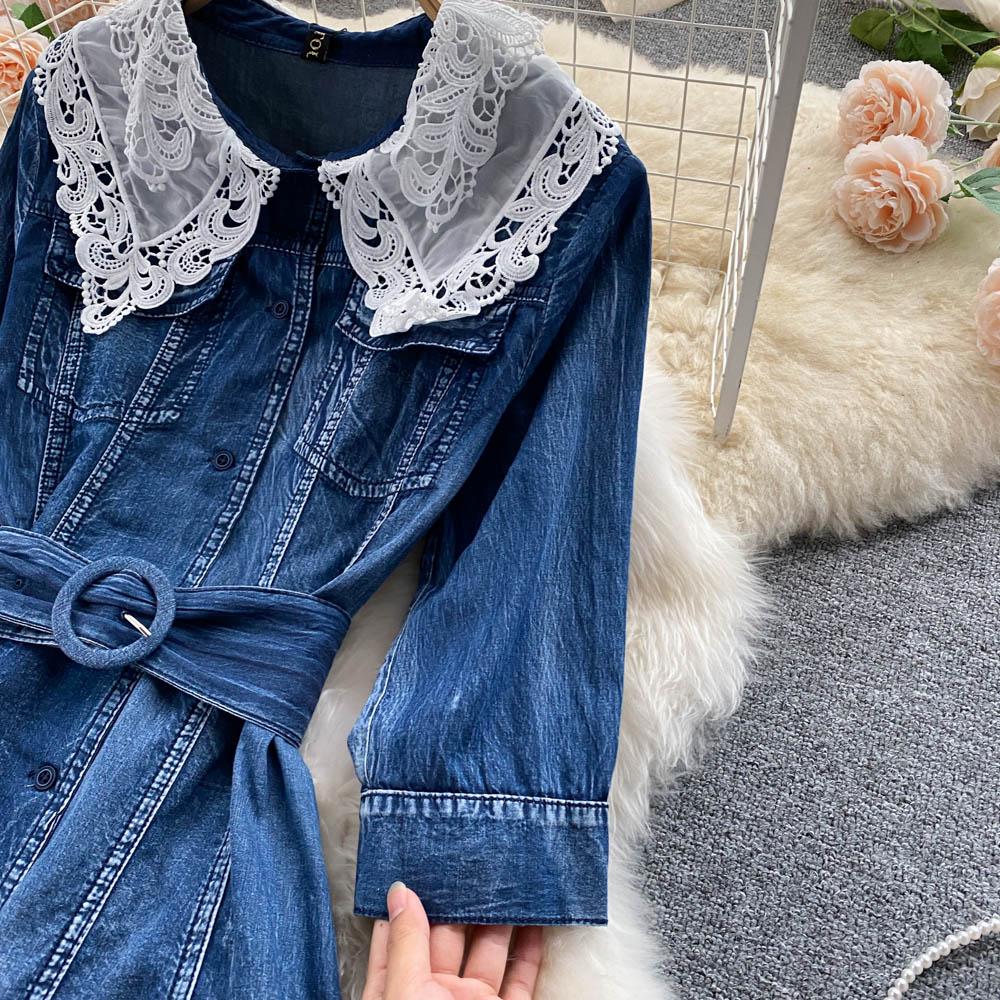 RUGOD Платье с французской талией и кружевной строчкой, джинсовое платье-рубашка на пуговицах с рукавами три четверти, чувство маленького темперамента