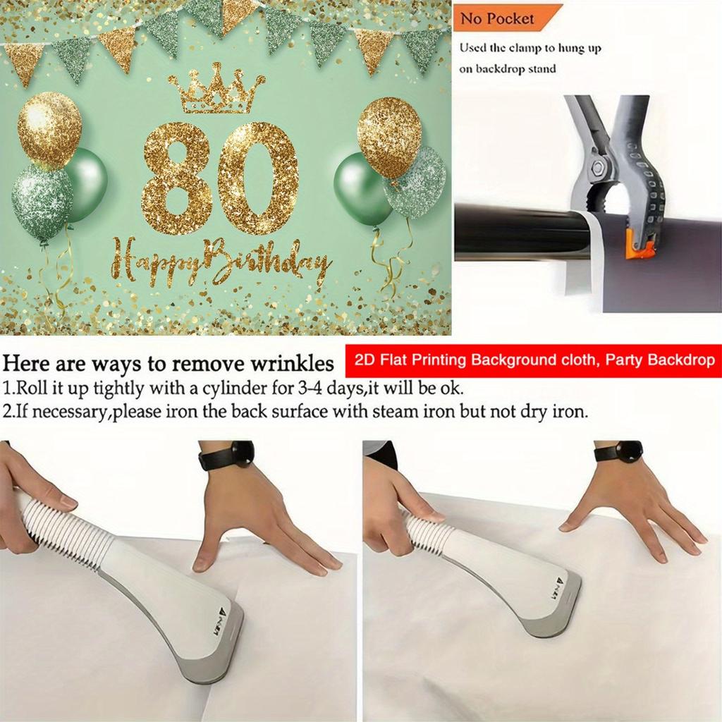 2D plane 1 elegant glittering 80th birthday backdrop wall decorated with golden and green balloons with the number 80