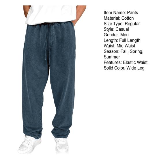 Men Sport Pants Wide Leg Drawstring Elastic Waist Pure Color Sweatpants Full