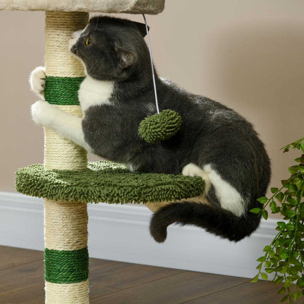 Cat Tree with Cat Bed, 2 Balls, Platform and Sisal Pole, Green and White
