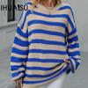 Women's Autumn and Winter Striped Knit Large Size Knit O-Neck Pullover Sweater