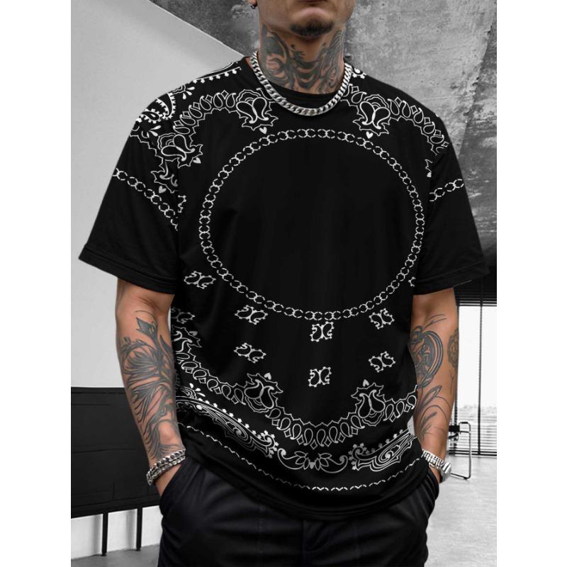 Bohemian Bandana Patterned Short - Sleeve Tops Summer Round Neck 3D Print Fashionable Casual Men's T-shirts