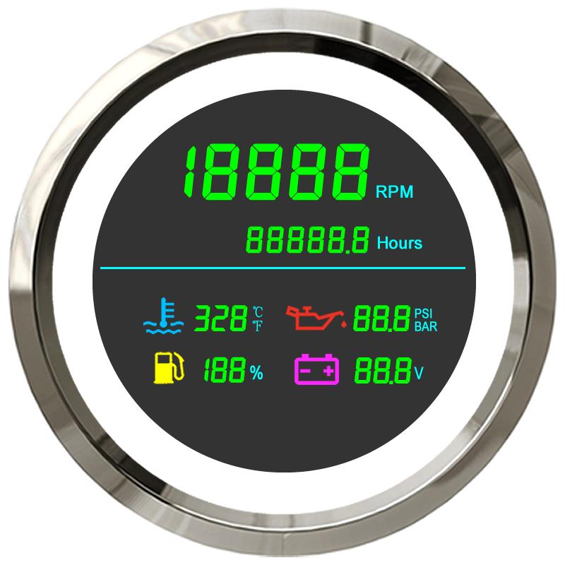 85mm 6 In 1 Multi-Function Tachometer Fuel Gauge Water Temp Oil Pressure Voltmeter LCD Display For Marine Boat Car 12V24V