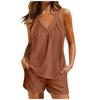 Women's Solid Color Loose V-Neck Pullover Sleeveless Casual Top With Pockets Shorts Set