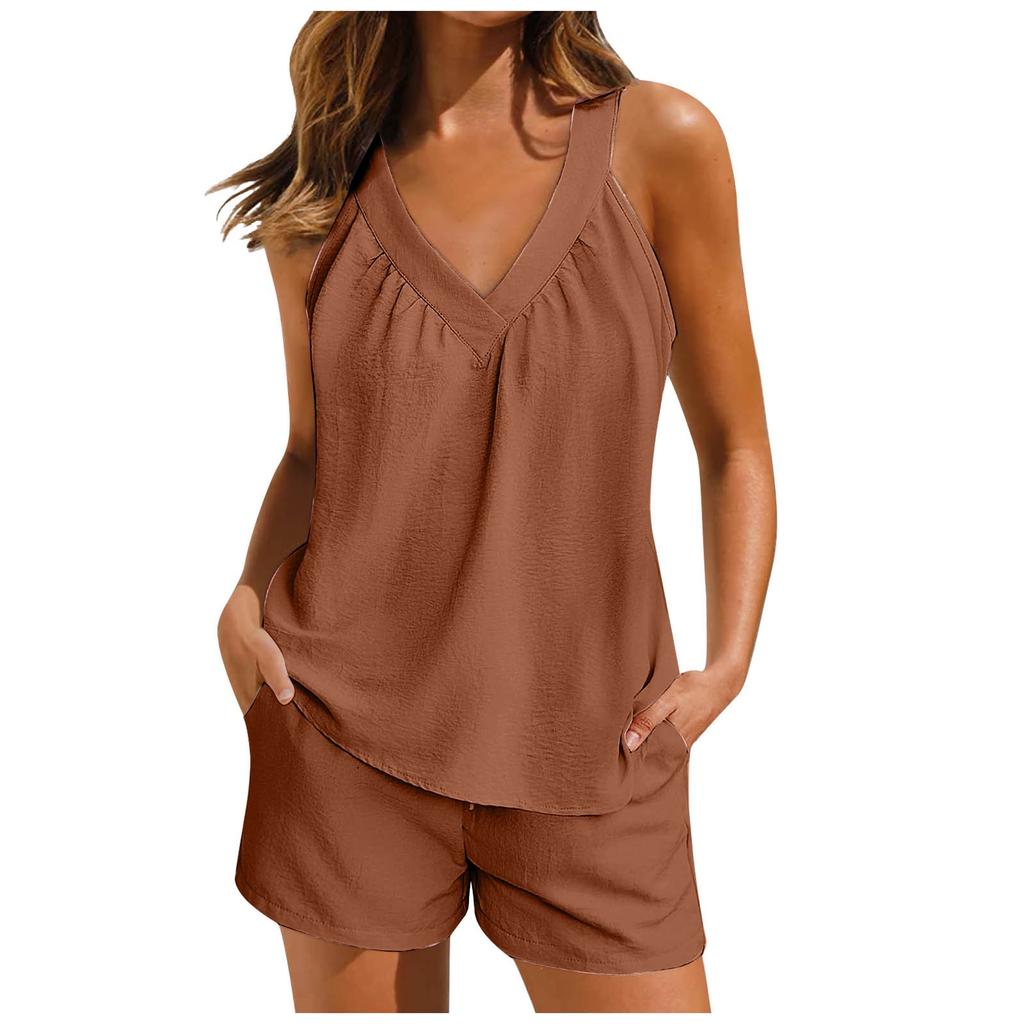 Women's Solid Color Loose V-Neck Pullover Sleeveless Casual Top With Pockets Shorts Set