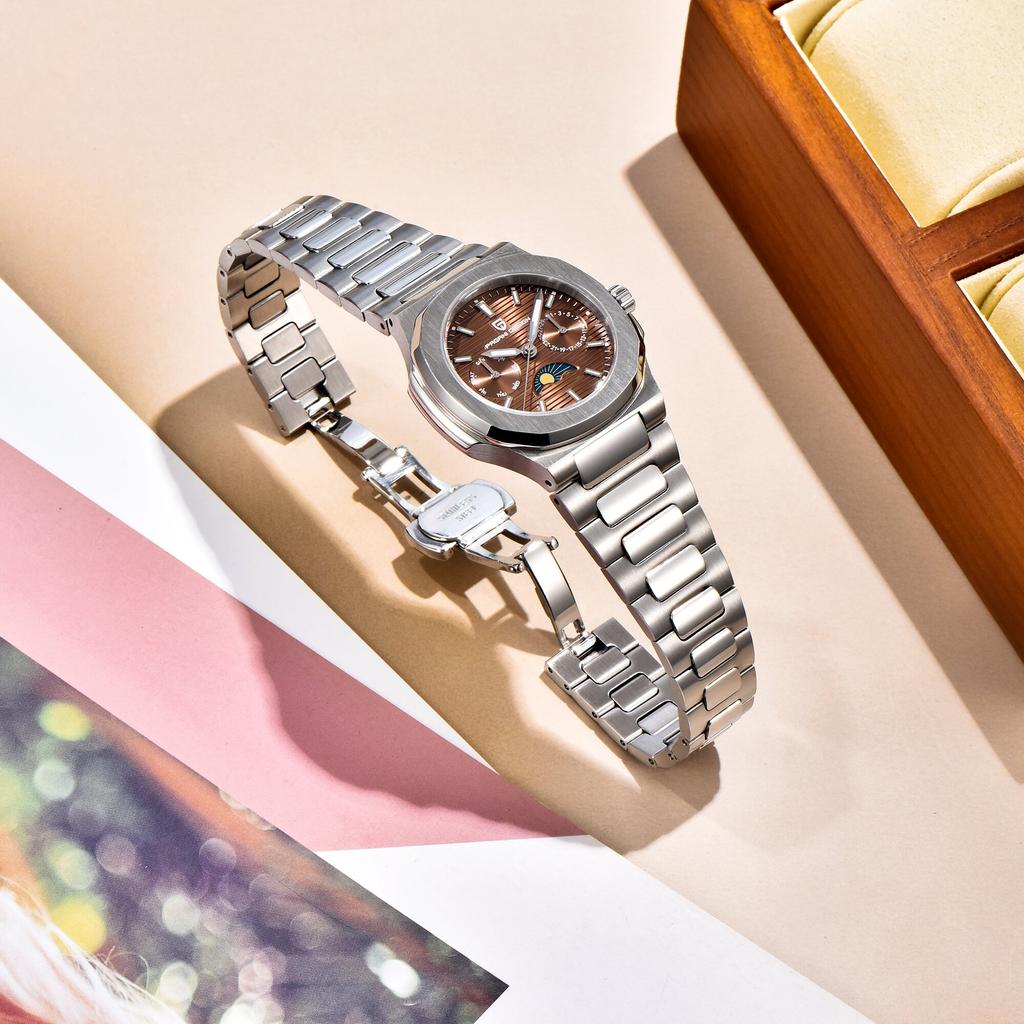 PAGANI DESIGN New Ladies Quartz Watch Classic Elegant Retro Style Sapphire Glass Moon Phase Waterproof Luminous Chronograph