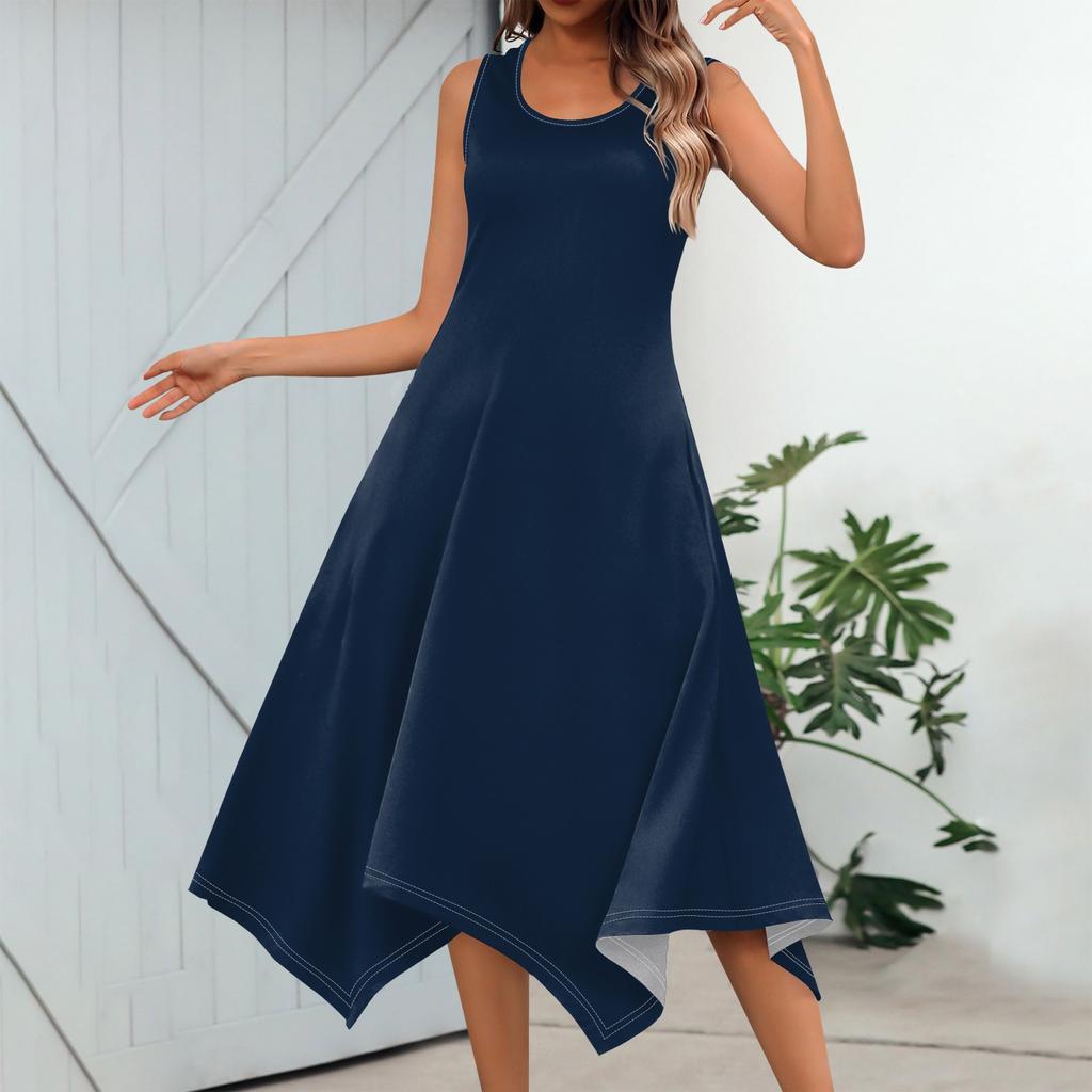 Женское повседневное модное платье миди без рукавов с круглым вырезом и нерегулярным подолом