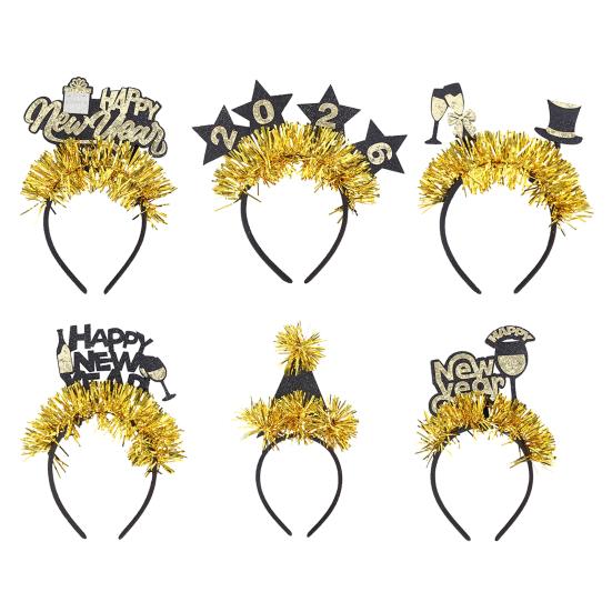 2026 Новогодняя повязка на голову с логотипом в виде цифр, черно-золотой дизайн с пайетками, украшенная лентами, обруч для волос, реквизит для командного единства
