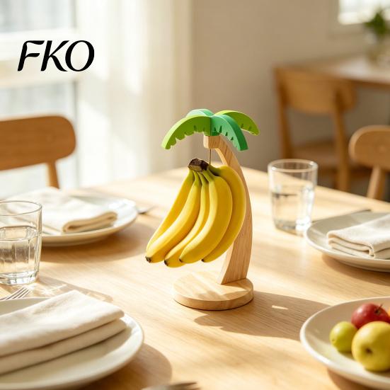 Solid Wood Banana Rack Wooden Hanger, Coconut Tree Shape, with Metal Hook, Tropical Fruit Holder Theme Stable Base Rack, for Kitchen Countertop