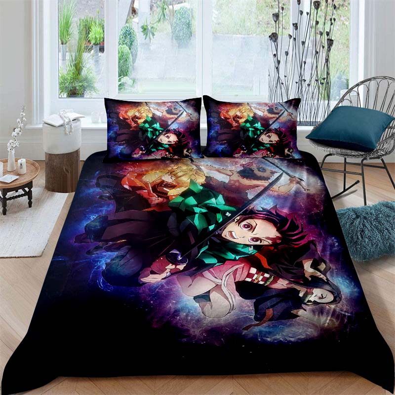 This Three-piece Anime Print (Kimetsu No Yaiba) Bedding Set—including A Duvet Cover and Two Pillowcases—is The Perfect Holiday
