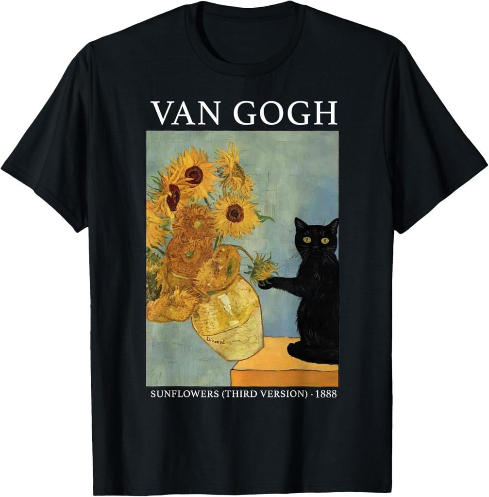 Unisex shirt Cotton Oversize Large Size Van Gogh Black Cat With Sunflowers Funny Cat T-Shirt unisex T-Shirt