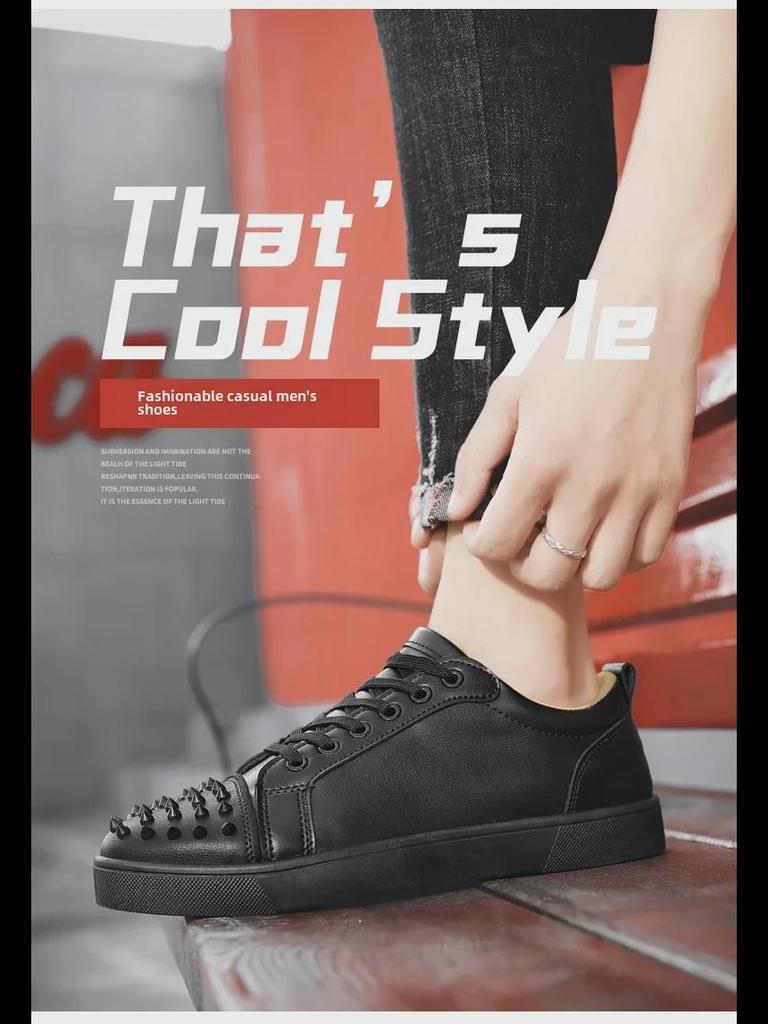 Men's Red Bottom Rivet Casual White Sneakers - Trendy Microfiber Leather Shoes