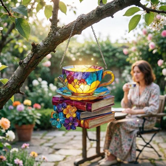 Floral Tea Cup And Book Suncatcher, Stained Glass Effect Window Hanging Ornament, DIY Acrylic Sun Catcher Puzzle Kit for Garden
