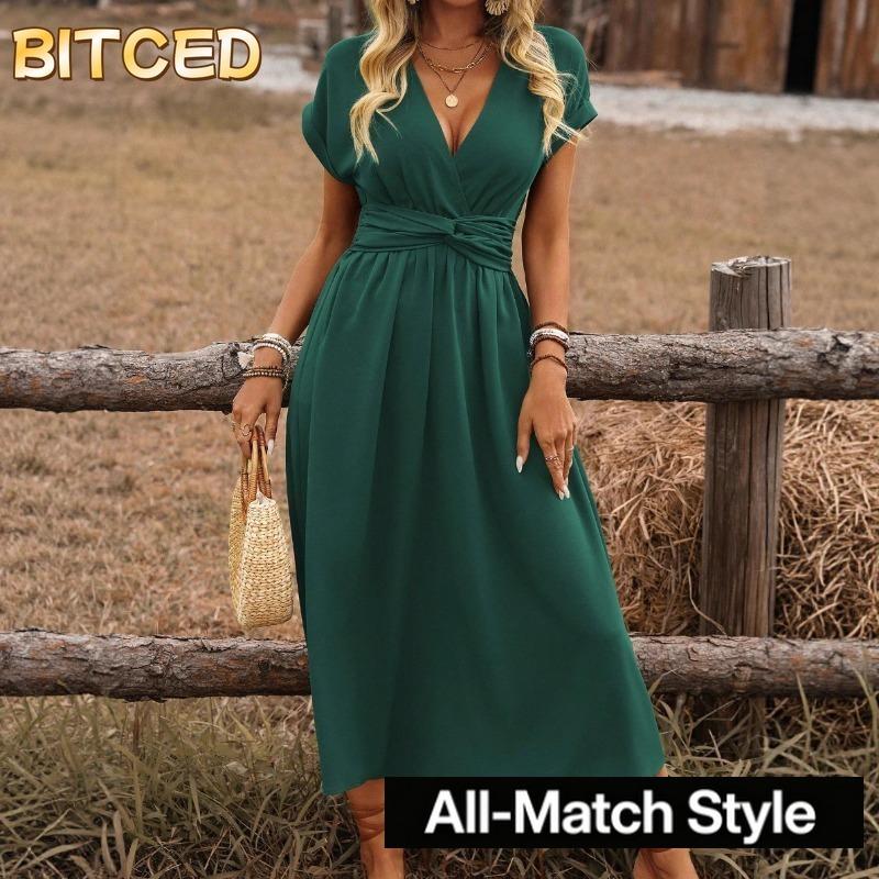 BITCED Модные летние весенние однотонные принтованные повседневные платья с коротким рукавом и V-образным вырезом