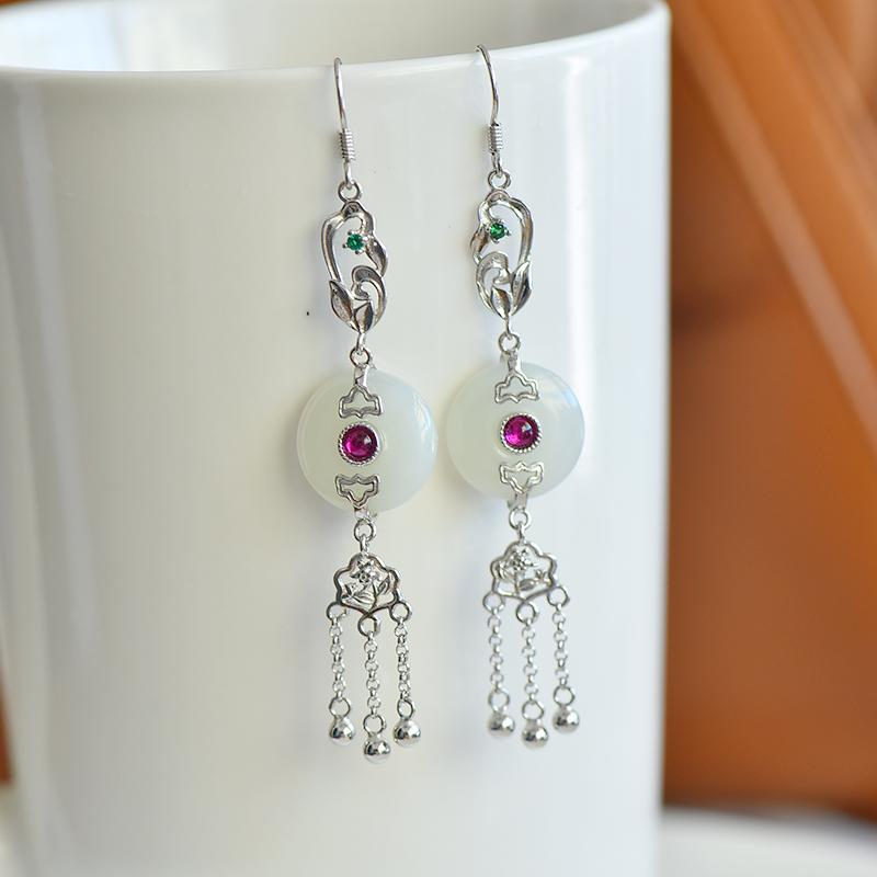 Hetian Jade Blue White Jade S925 Silver Inlaid Safety Clasp Earrings