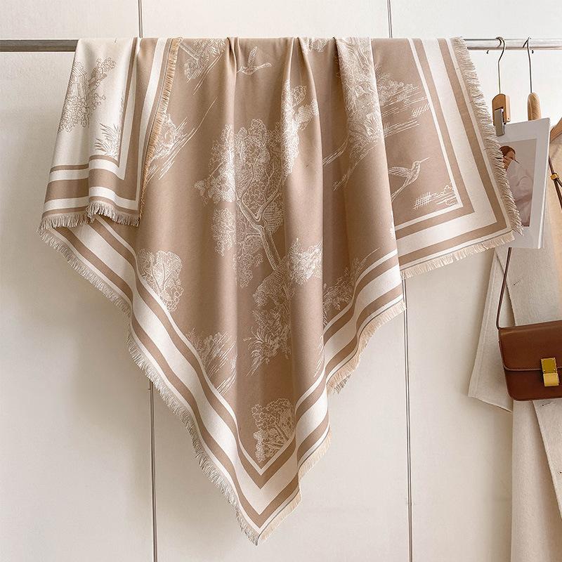 Double-Sided Landscape Painting Large Square Scarf Plant Flower And Bird Thickened Warm Scarf Air-Conditioned Room Neck Protection Shawl