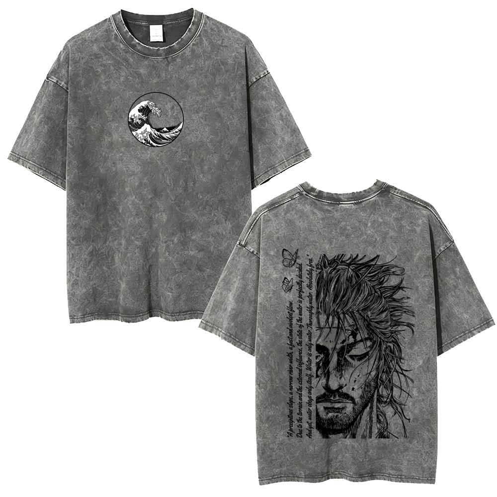 Washed Vintage Anime Vagabond Miyamoto Musashi Face Graphic T-shirt Men Women Manga Retro Oversized T Shirt Male Tops Streetwear