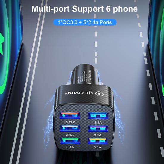 Car Charger 6-in-1 Safe Charging Mini QC 3.0 3.1A 6 USB Fast Charge Automotive Charger for Automobile