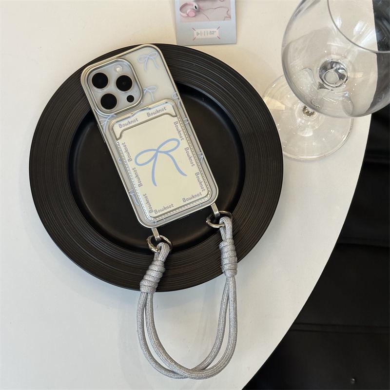 Стильный чехол-картхолдер с бантом и ремешком на руку для iPhone 11/12/13/14ProMax