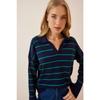Women's Green Navy Striped Polo Neck Seasonal Knitwear Sweater Bv00012