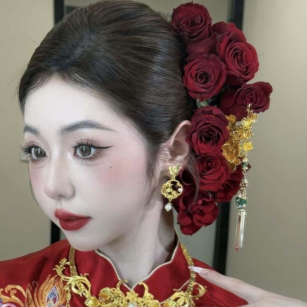 Sweet Rose Hair Forks Cloth Bride Flower Side Clips Golden Phoenix Hairpin Seaside Vacation