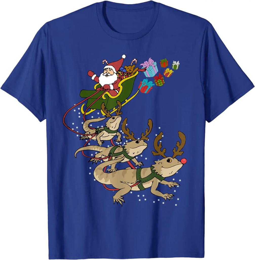 Funny Santa Reindeer Bearded Dragon Sleigh Christmas Gift T-Shirt 100% Cotton O-Neck Short Sleeve Casual Mens T-shirt Size S-3XL