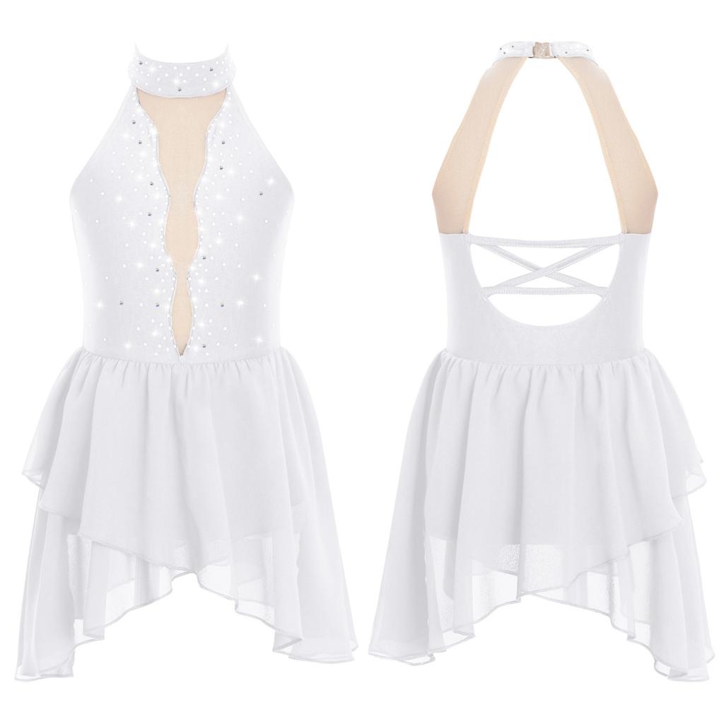 Kids Girls Rhinestone Lyrical Dance Costume Sheer Mesh Patchwork Sleeveless Irregular Hem Dress Dancewear