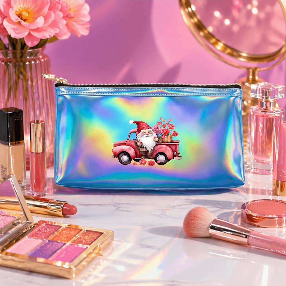 Vintage Red Truck Gnome Flower Print Laser Cosmetic Makeup Bag,Holographic Travel Toiletry Organizer Pouch for Women and Girls