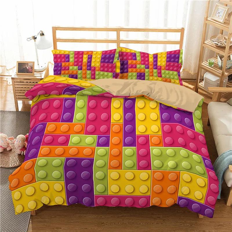 Building Block Duvet Cover Single Queen Bedding Set Colorful Toy Cubes Blocks Printed Soft Microfiber Quilt Cover for Teen Girls