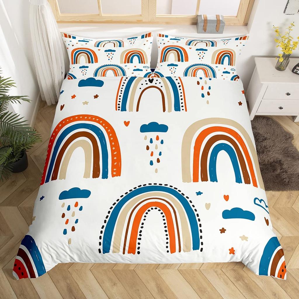 Lovely Rainbow Duvet Cover Sun Crown Cloud Rain Bedding Set Stick Figure Art Comforter Cover Kids Bedroom Polyester Quilt Cover