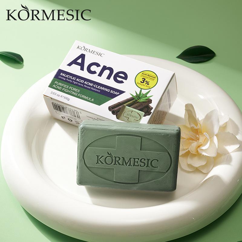 KORMESIC Мыло с 3% салициловой кислоты для очищения от акне 100 г, Угольное глубоко очищающее поры, Контроль жирности и сужение пор Мыло для лица и тела