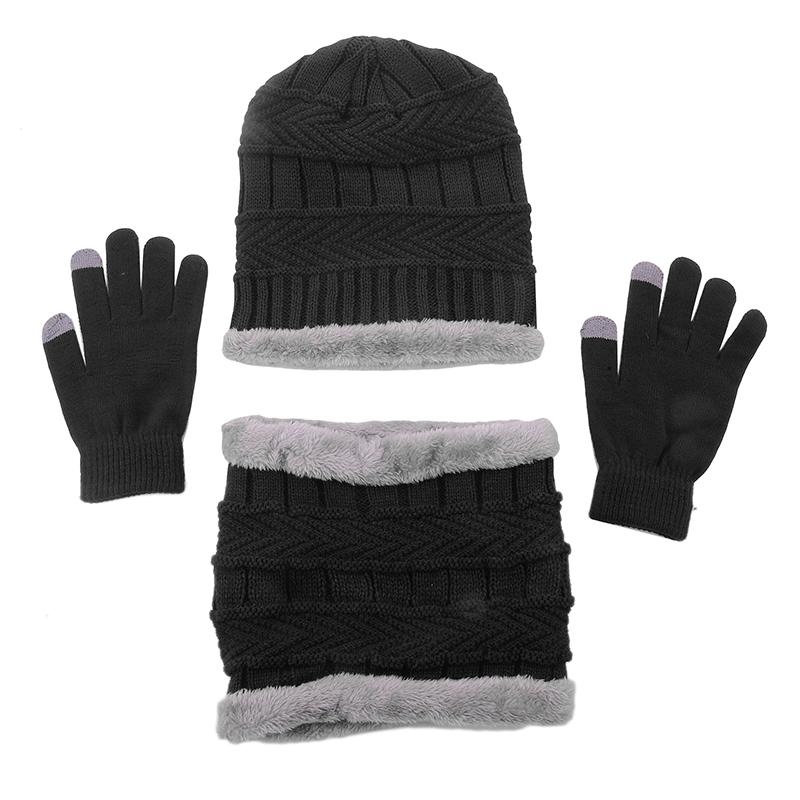 3pcs/set Fashion Plush-lined Knitted Caps Men Women's Winter Hats Scarves Touch Screen Gloves Thicken Warm Beanie Hat
