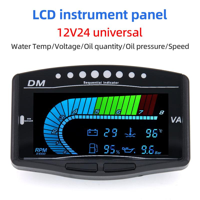 8000RPM Tachometer+ Fuel Level+Oil Press+Voltmeter+Water Temperature Gauge with Aaptor Sensor 26mm-40mm 5 IN 1 LCD Gauge 12V24V