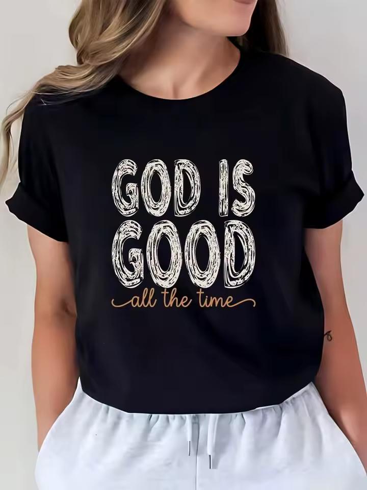 Flat Print Women Oversized Short‑Sleeve Tee, Loose Fit Inspirational "God Is Good All" Graphic T‑Shirt For Easter Family Gatherings & Event Wear Tops