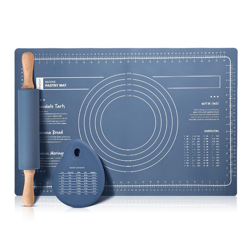 Silicone Measuring Kneading Pad Set Household Food Grade Rolling Pin Dough Pad Large Thick Non-slip Non-stick Bottom Baking Tool