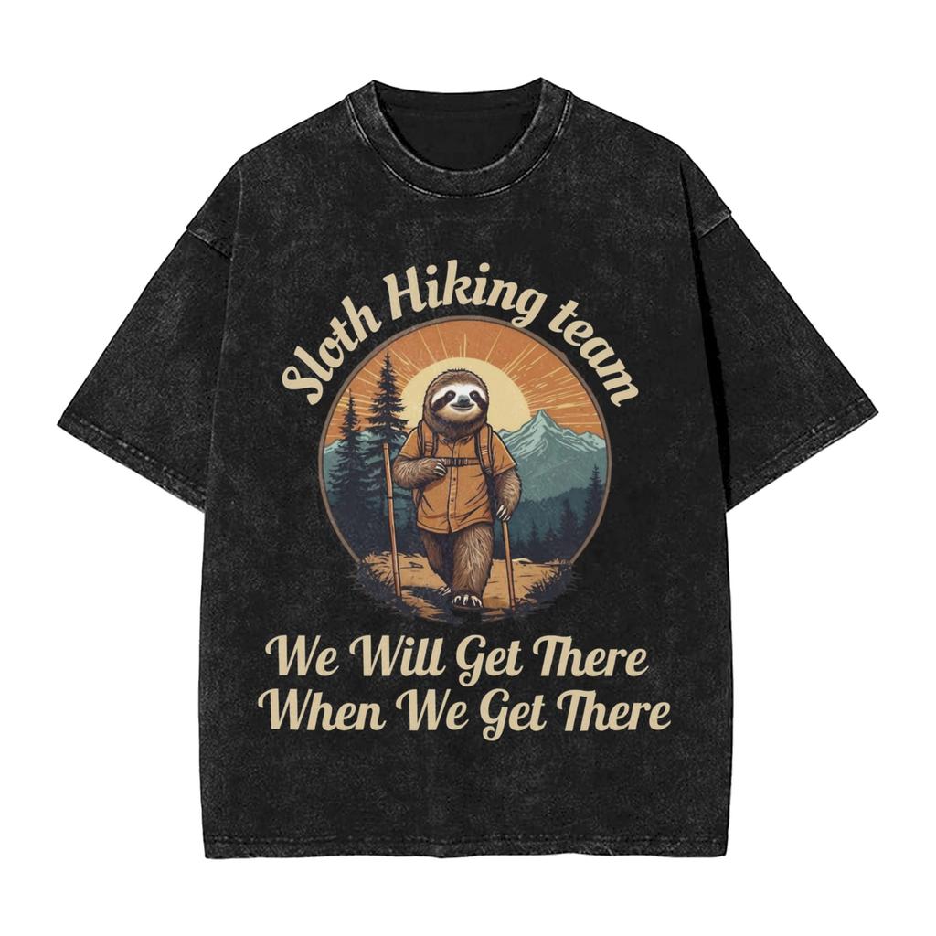 Sloth Hiking Team T Shirts Hip Hop Washed Short Sleeve Oversize Tshirts Vintage For Men Women Tops Streetwear Printed Tees
