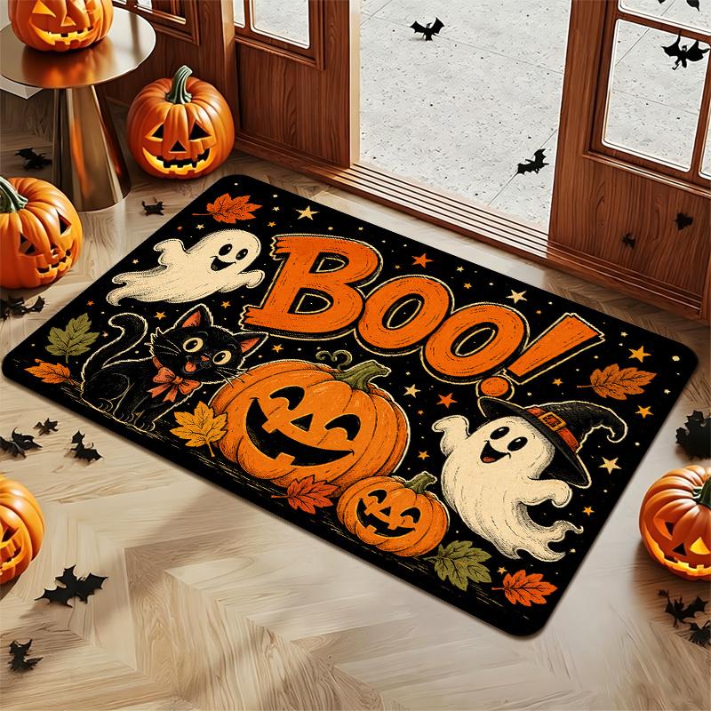 Holiday Non‑Slip Doormat, Boo Sign Black Cat Ghost Pumpkin Rug, Decor Entry Mat for Indoor Outdoor Front Door Porch Household
